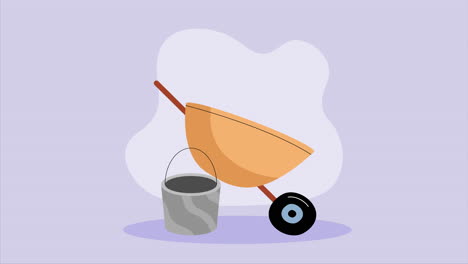 wheelbarrow with bucket gardening tools animation