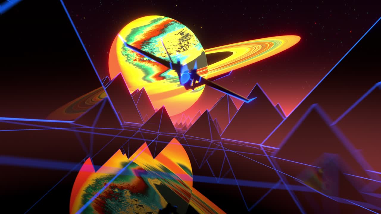 추상적인 디지털로 생성 된 레트로 랜드, 피라미드, 산, 80년대의 판타지 낮과 밤 시리즈, 레트로 랜드, 산과 피라미드에서 비행하는 우주선, 외계인 외계 행성, 추상적인 가상 현실.