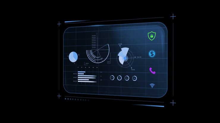 Binary mask sweeping from edges, holographic dash rotating charts, updating bars, simulating scan