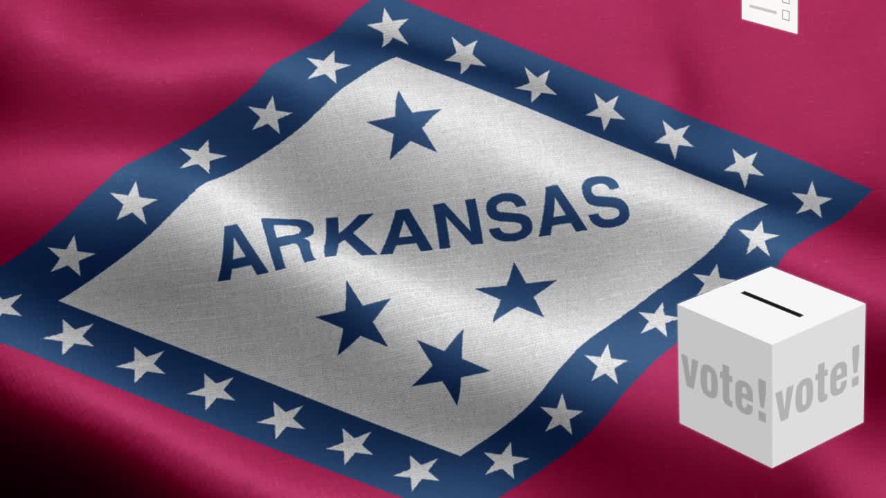 아칸소 주 - 투표용지가 아칸소 선택을 위해 상자에 날아갑니다 - 발 앞의 투표용지 - 선거 - 투표 - 국가 발 아칸소주 파동 패턴 루프 가능한 요소 - 직물 질감과 끝없는 루프 - 아칸소스 주 루프 가능한 발