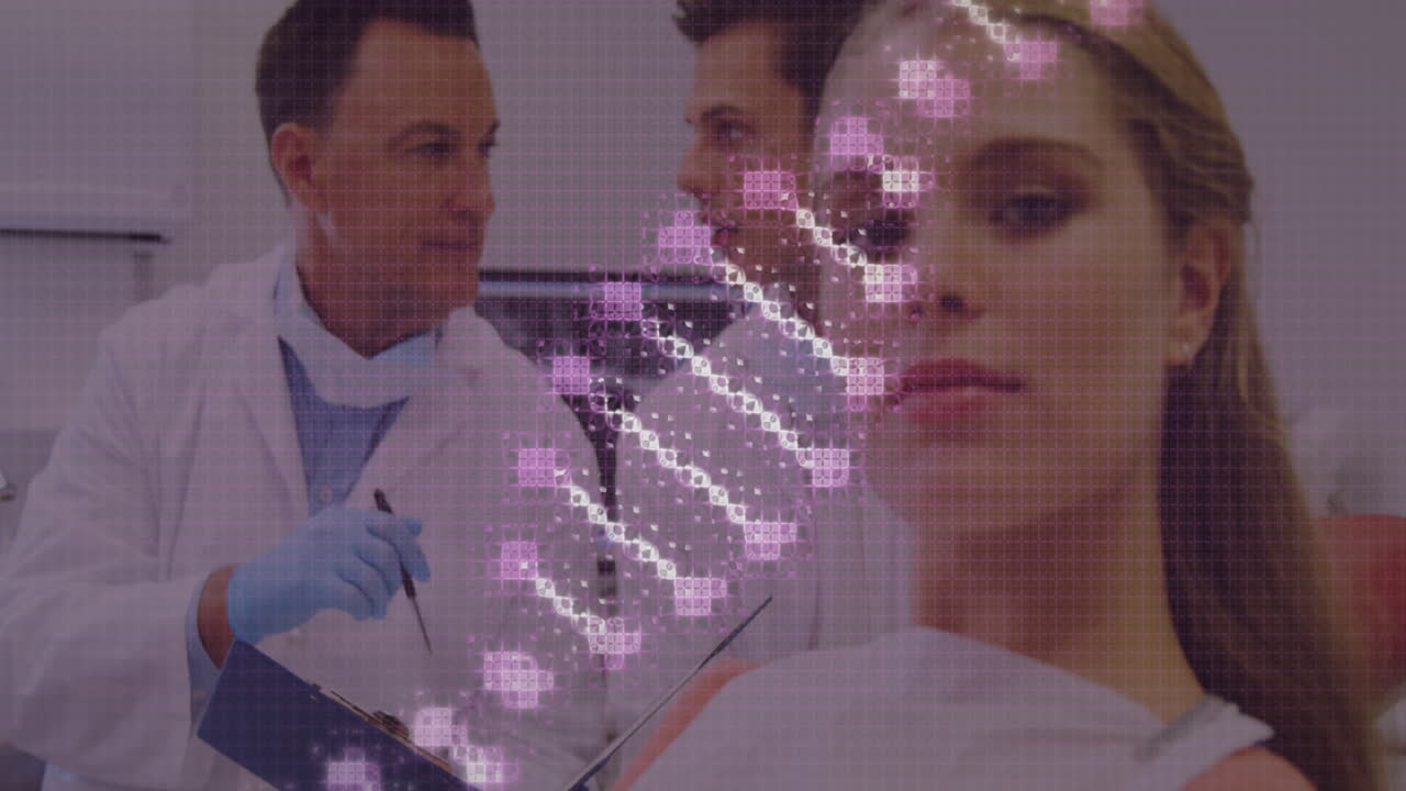 estructura de adn girando en contra de los médicos discutiendo sobre un informe y las pacientes sonriendo