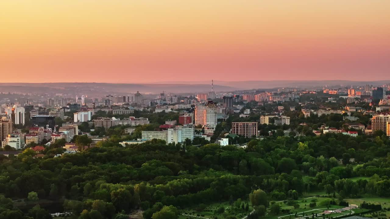 Aerial drone view of Chisinau, Moldova at sunrise