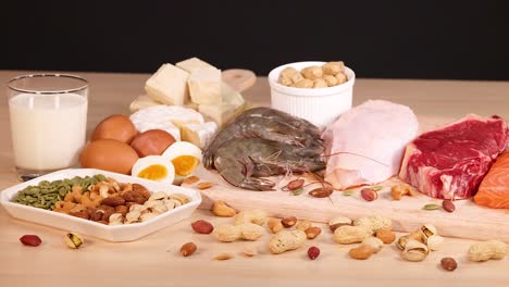 various protein-rich foods arranged on a table