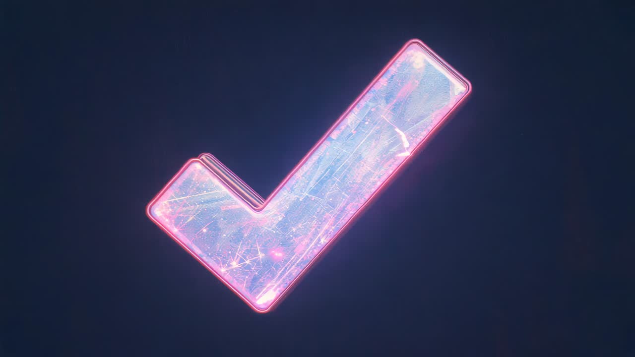 Stylized checkmark emitting cyan and pink particles on start on navy gradient, indicating success