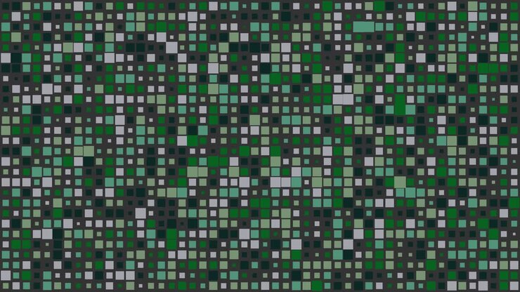 Abstract blinking geometric noise of flickering multicolored squares forming an animated loop surface with randomly changing mosaic lamps. Illustration.