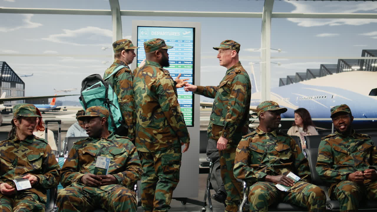 Controllo dello stato del volo, orario dei display e militari in aeroporto.