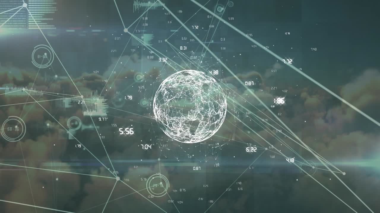 Animation of network of connections with numbers over globe, sky and clouds