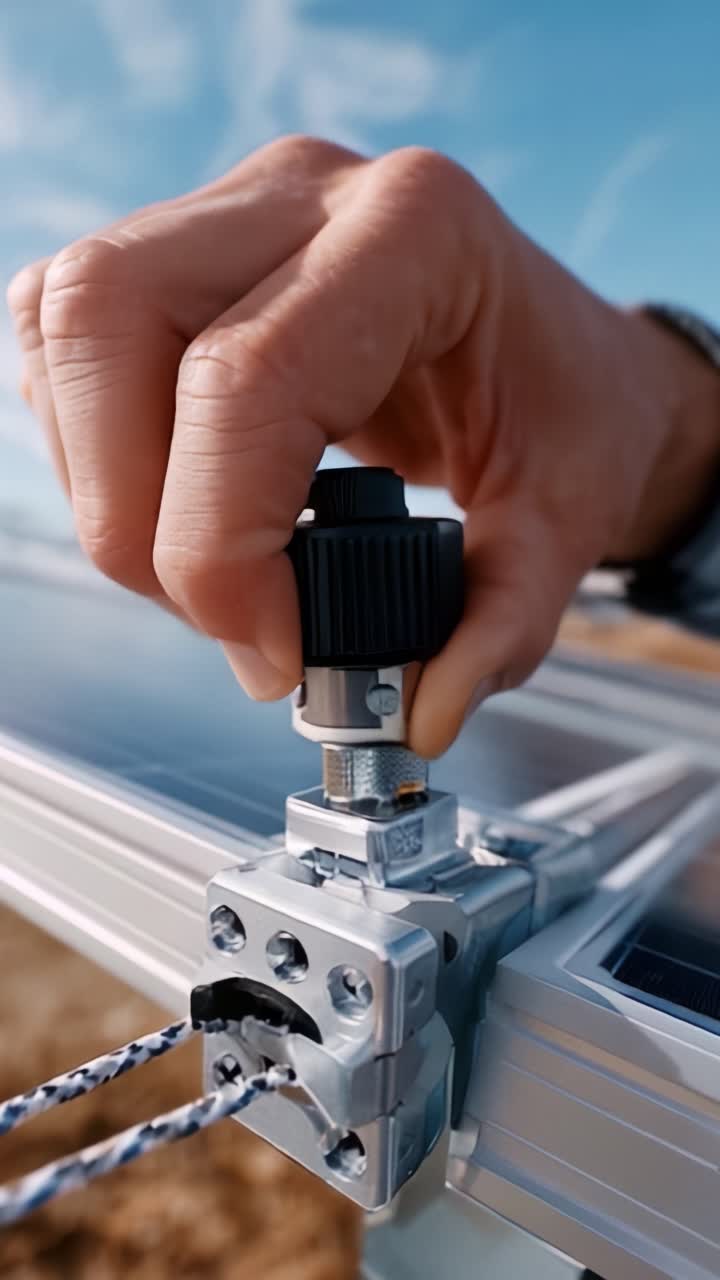 Hand Adjusting Solar Panel Component for Optimal Performance on a Bright Day, Highlighting Renewable Energy Solutions and Sustainable Technology Innovation