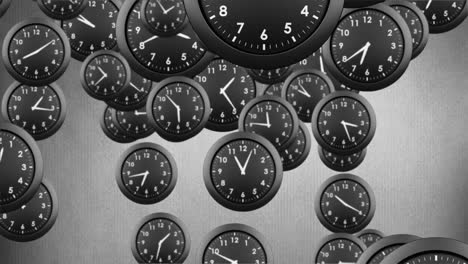 animación de varios relojes en blanco y negro que se mueven rápidamente sobre un fondo gris