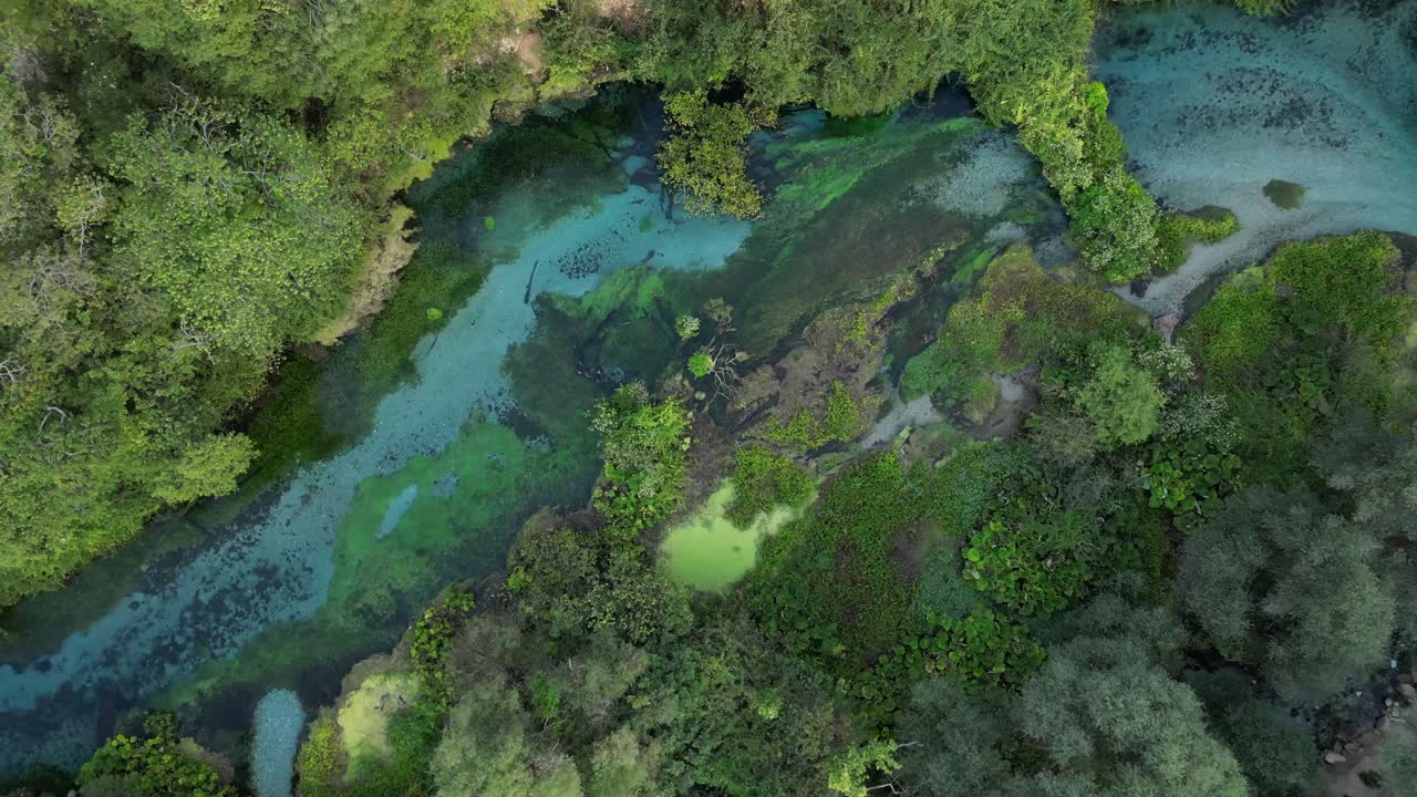 A spiraling close-up shot of the Blue Eye River in Sarandë, winding gracefully through vibrant greenery, capturing its serene flow amidst lush surroundings.