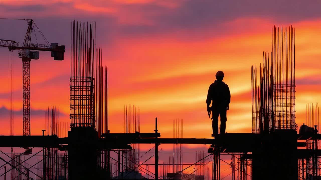 Silhouettes of Construction Workers Against a Vibrant Sunset Sky, Capturing the Essence of Hard Work and Progress in Urban Development