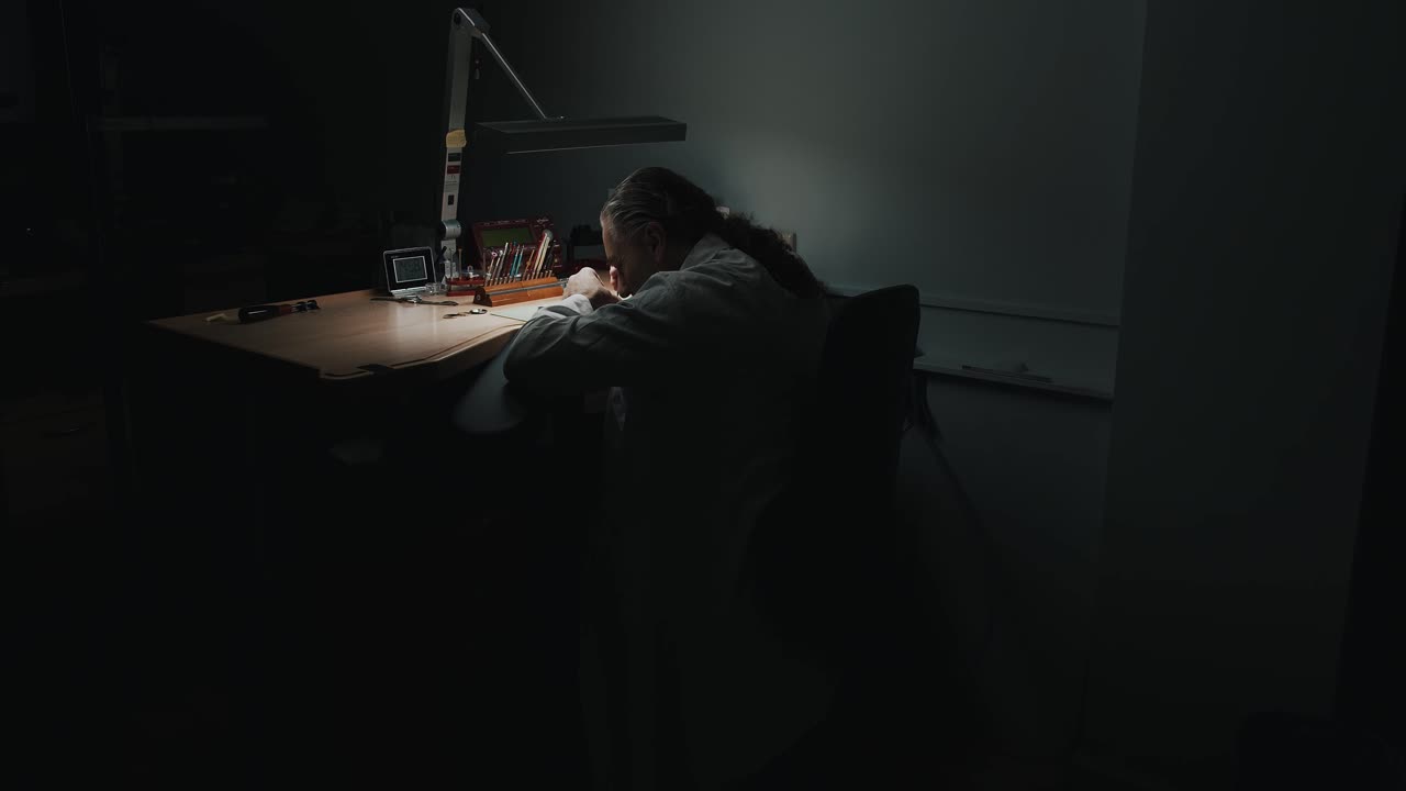 Un orologiaio professionista che lavora tutta la notte riparando - campo lungo