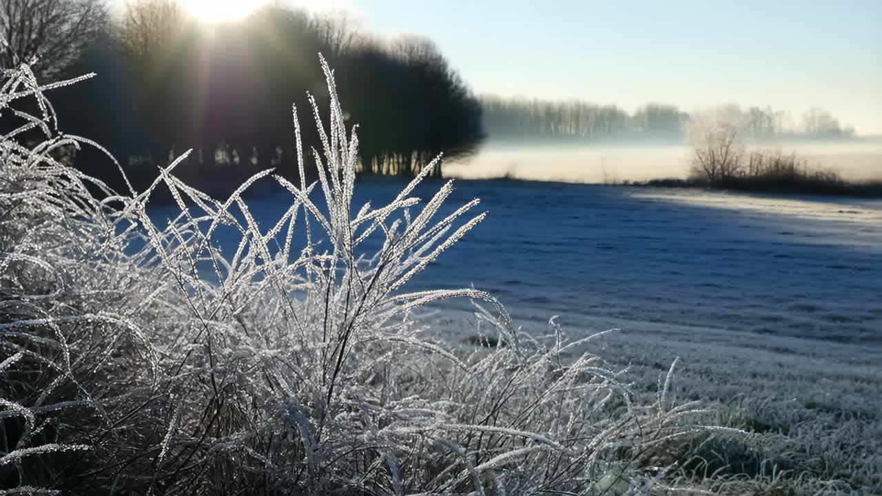 Winter landscape with frost-covered plants in a field during sunrise