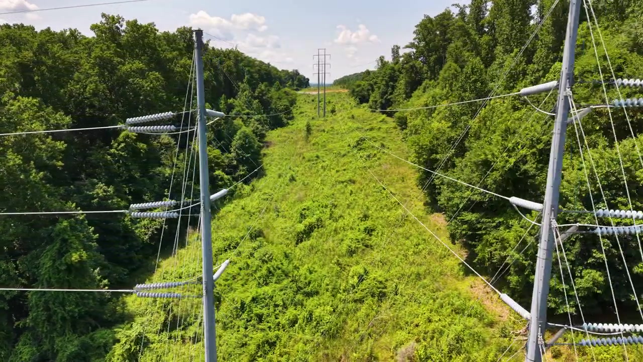 High-voltage power transmission lines near Chattanooga, Tennessee, United States, revealing utility poles, forest corridor, cleared right-of-way and electrical infrastructure, drone slide.