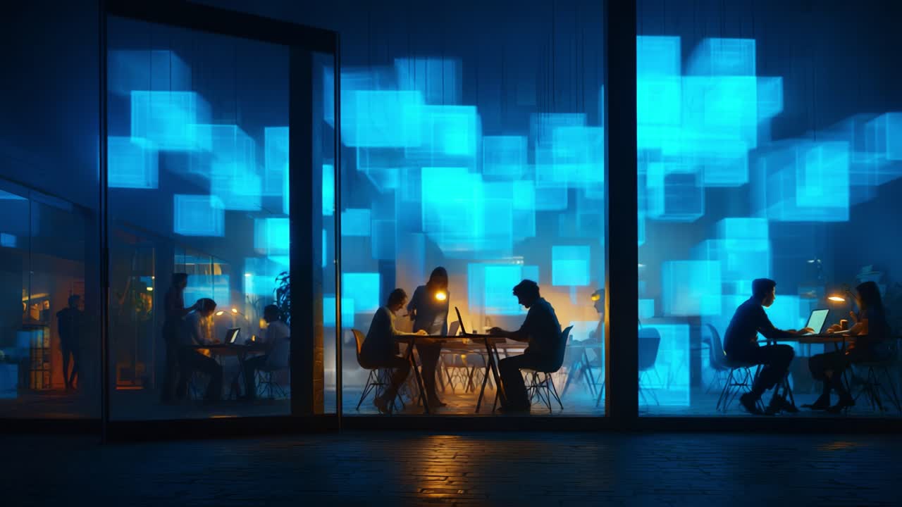 A Vibrant Co-working Space Illuminated by Glowing Blue Digital Screens, Showcasing Individuals Engaged in Creative Work Amidst a Modern Tech Environment