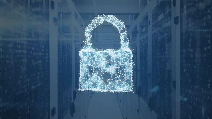 Animation of cloud, security padlock and shield icon against computer server room