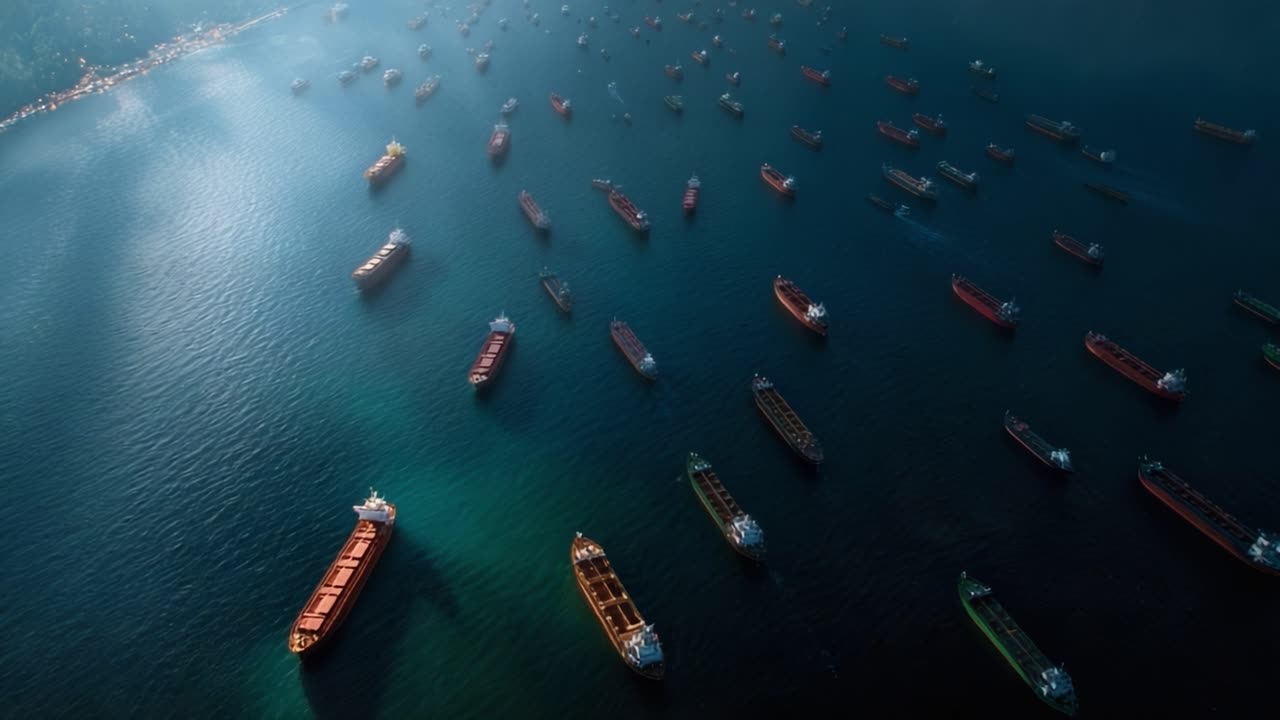 Aerial view of many cargo ships anchored in calm blue waters. Sunlight reflects gently off the ocean surface. Ships appear stationary, suggesting quiet port or waiting area