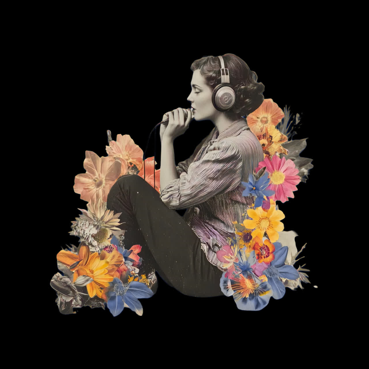 Risorsa isolata di animazione di collage floreale con musica vintage, video 4K trasparente, canale alfa, ProRes