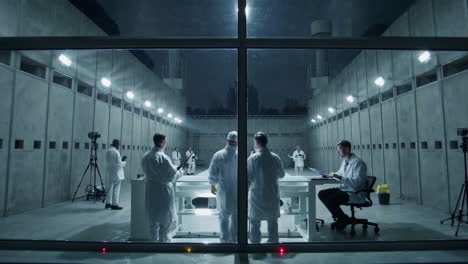 nighttime research conference in a modern laboratory