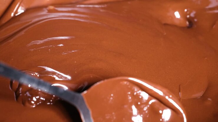 Spoon stirring and pouring smooth melted chocolate