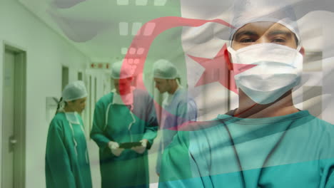 animation of flag of algeria waving over surgeons in operating theatre