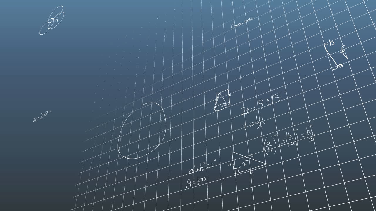 Animation of mathematical equations and diagrams over grid pattern against blue background