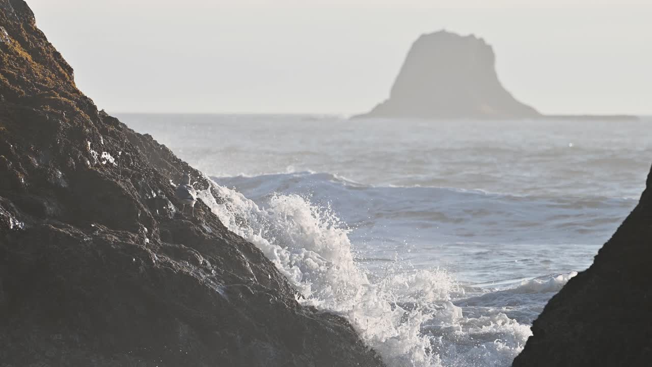 Ocean waves roll between rocky cliffs with a distant sea stack silhouetted in the morning light