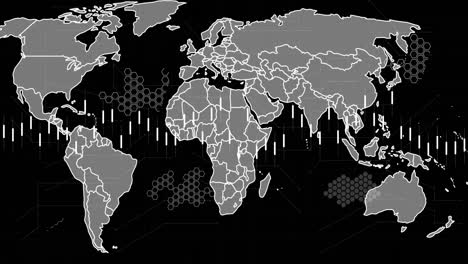 Animation-of-data-processing-over-world-map-against-black-background