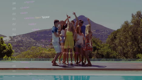 Group of friends dancing by pool with computer code overlay animation