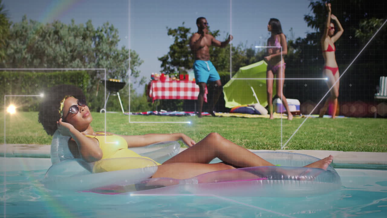 Friends lounging poolside in backyard, showcasing animated marketing icons on float and sunglasses