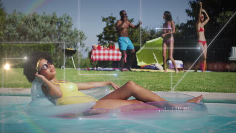 friends lounging poolside in backyard, showcasing animated marketing icons on float and sunglasses