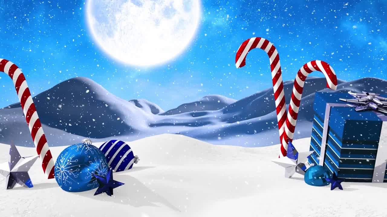 animación digital de la nieve cayendo sobre la lata de dulces de navidad