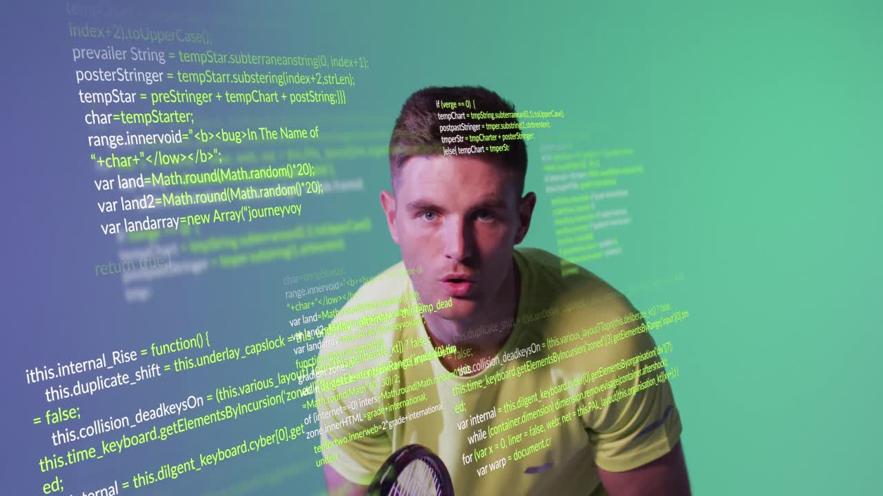Animation of caucasian male tennis player over data processing