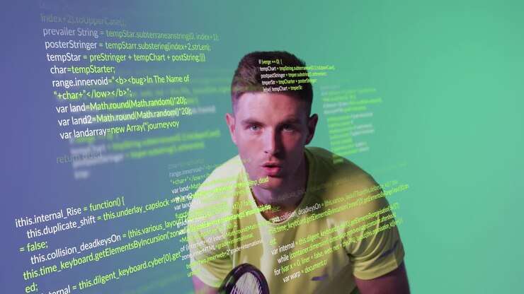 Animation of caucasian male tennis player over data processing