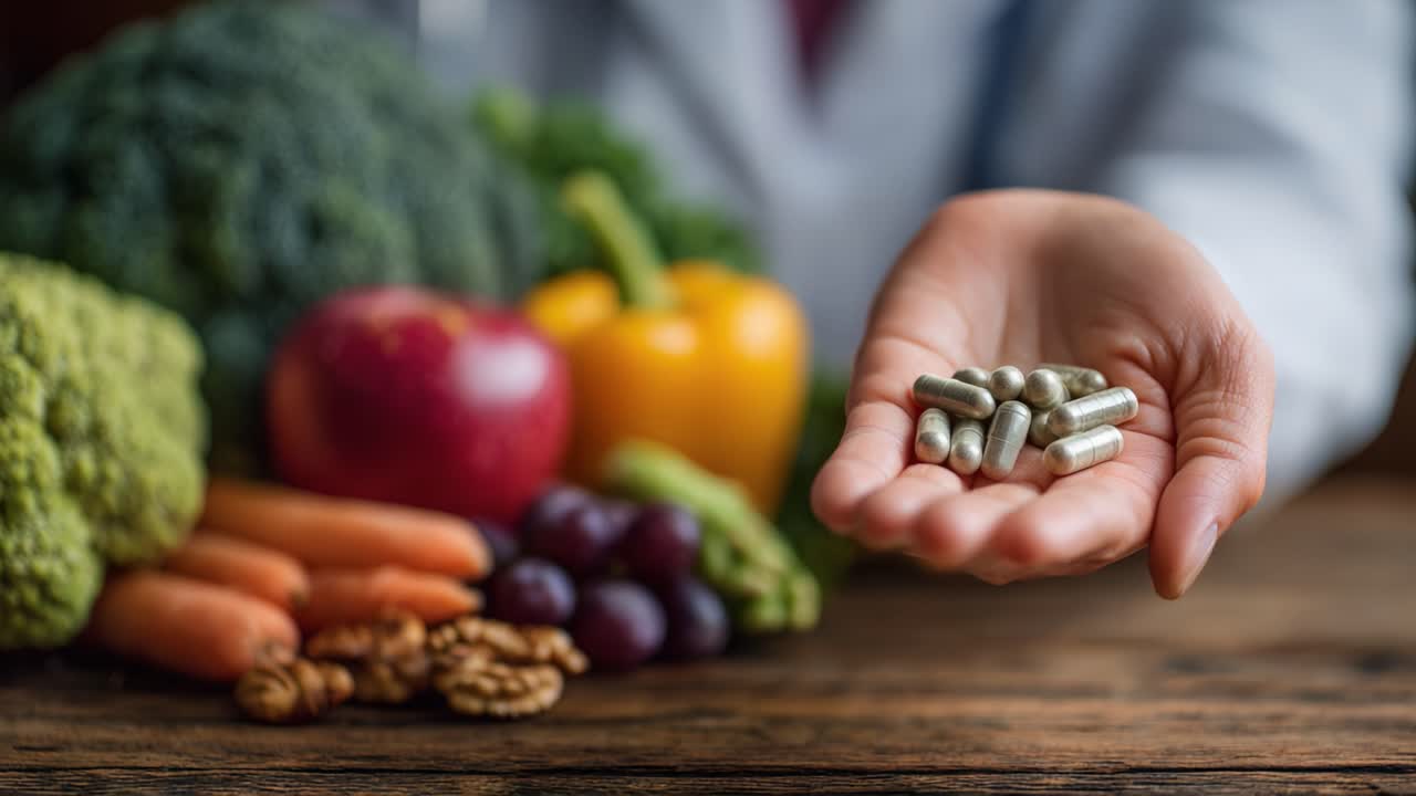 Saúde e nutrição: uma mão segurando suplementos alimentares cercada por frutas e verduras orgânicas frescas para um estilo de vida equilibrado