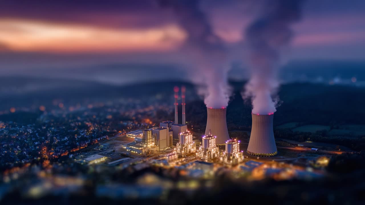 Una veduta aerea di una moderna centrale elettrica al crepuscolo, con torri di raffreddamento ed emissioni che si stagliano su un cielo dai colori accesi al tramonto e un paesaggio vibrante.