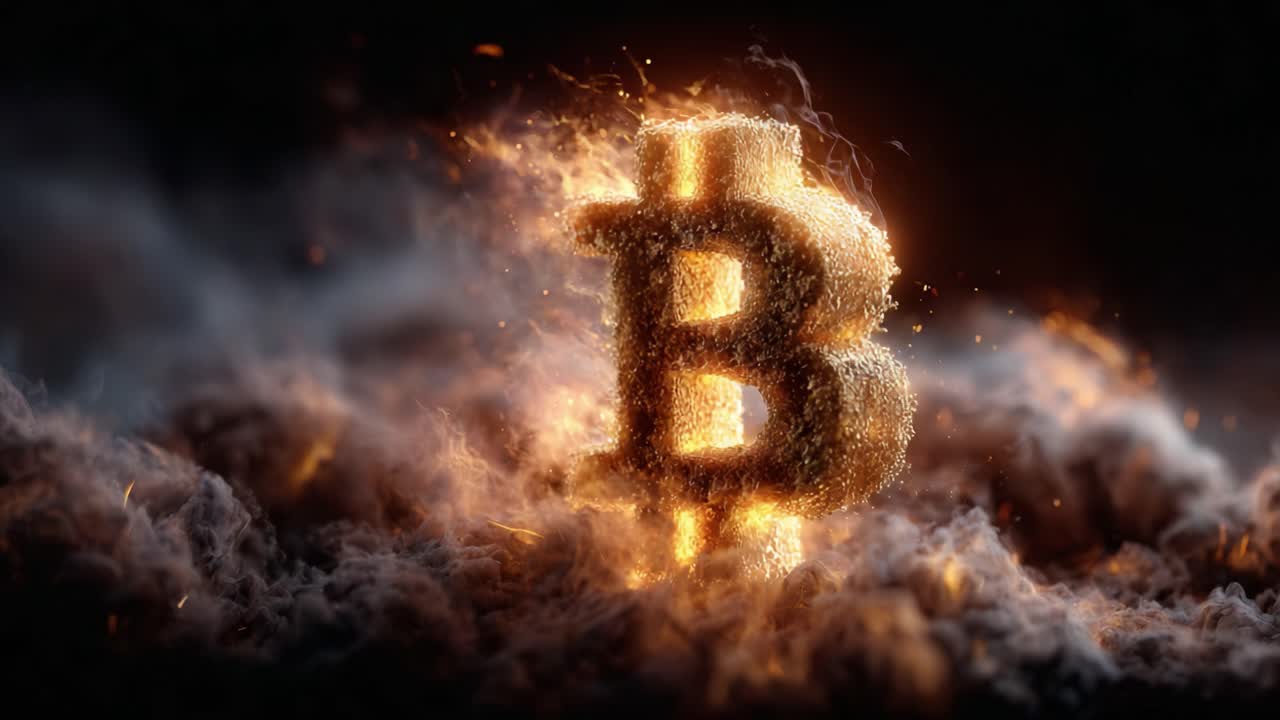 A Stunning Visual Representation of Digital Currency: The Bitcoin Symbol Erupts in Flames, Symbolizing the Power and Potential of Cryptocurrency in Modern Finance