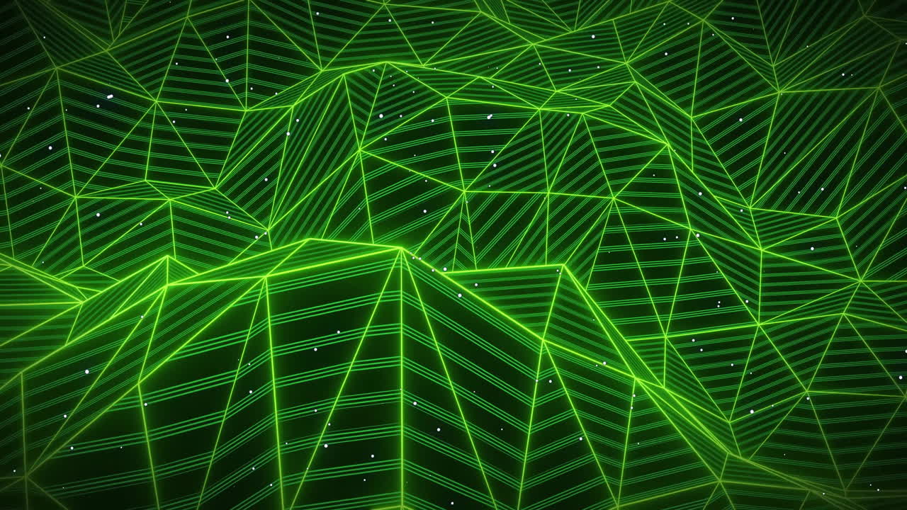 Neon green wireframe mountain peak being animated in 3D space, glowing triangular facets