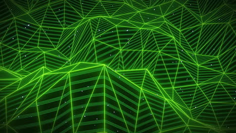neon green wireframe mountain peak being animated in 3d space, glowing triangular facets