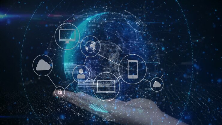 Holding digital globe with network icons, hand showing global connectivity animation