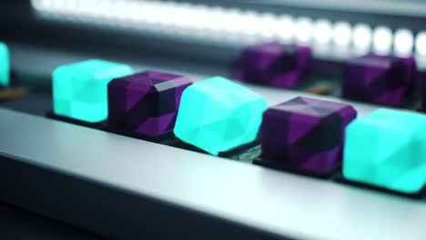a close-up exploration of vibrant mechanical key switches illuminated by led lighting in a modern keyboard design, showcasing their unique colors and shapes