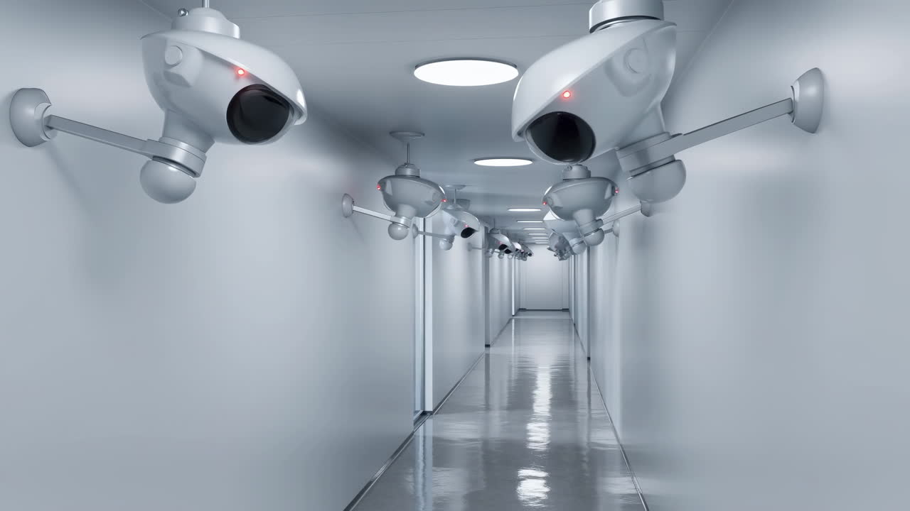 Modern Hallway with Multiple Security Cameras Monitoring