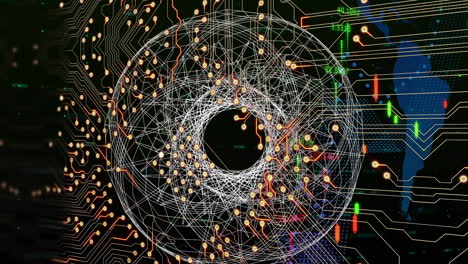 animación de datos financieros y gráficos sobre formas y circuitos integrados sobre fondo negro
