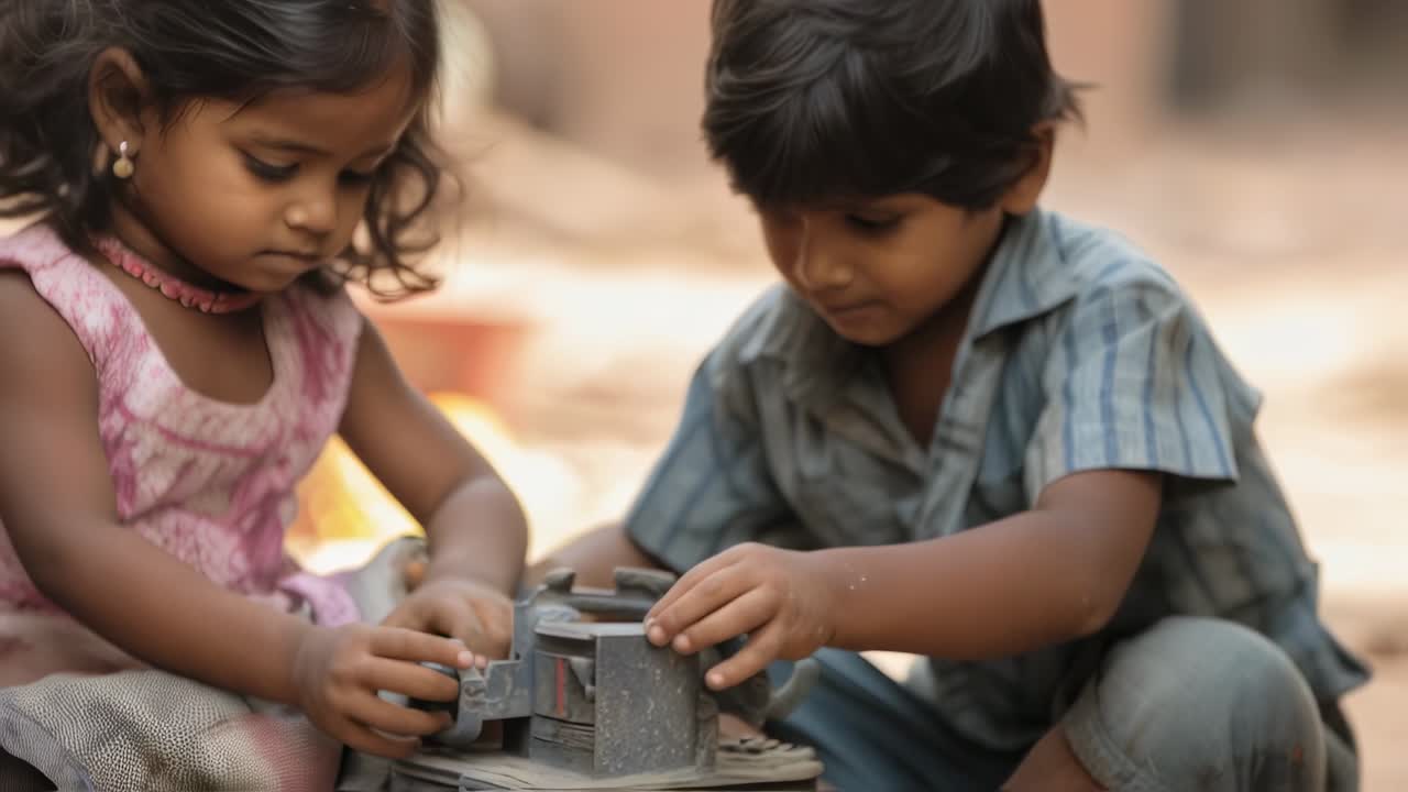 Rural Indian children squatting near dilapidated toy car, displaying playful joy and resilience while surrounded by modest village landscape, transcending economic limitations