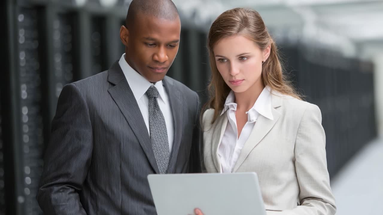 Professionals Engaged in Discussion Over Laptop in Modern Office Setting, Focused on Technology and Collaboration for Business Advancement