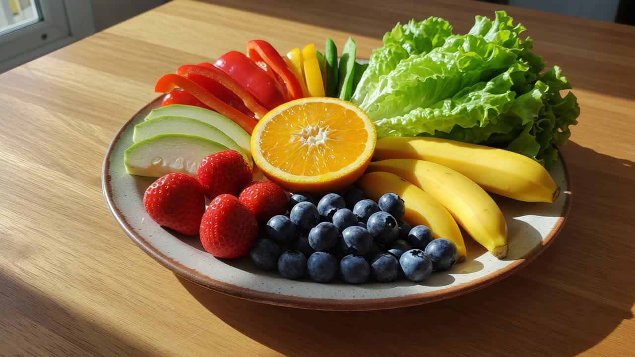 A Vibrant Display of Fresh Fruits and Vegetables Artistically Arranged on a Plate, Showcasing Nature's Bounty and a Colorful Array of Healthy Choices