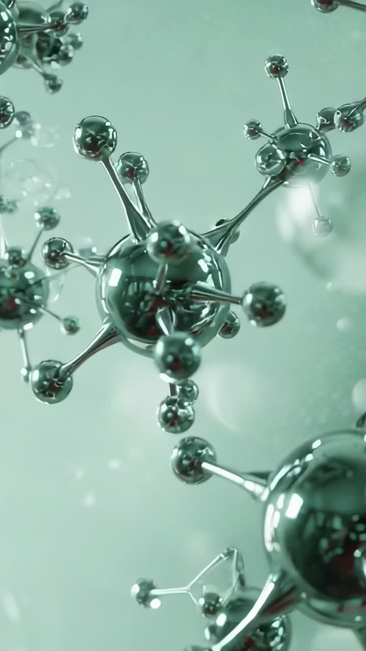 Vertical video: Holding spiky sphere, camera gliding past spheres in fluid chamber, with haze