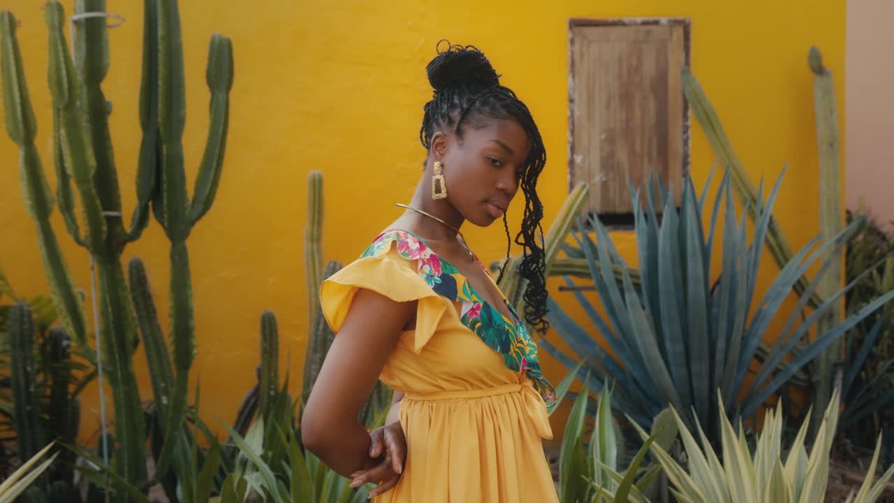 Woman in Yellow Dress amongst Cactus Plants