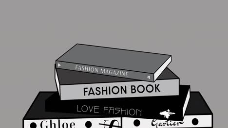 animación de libros de moda y tacones altos sobre fondo gris