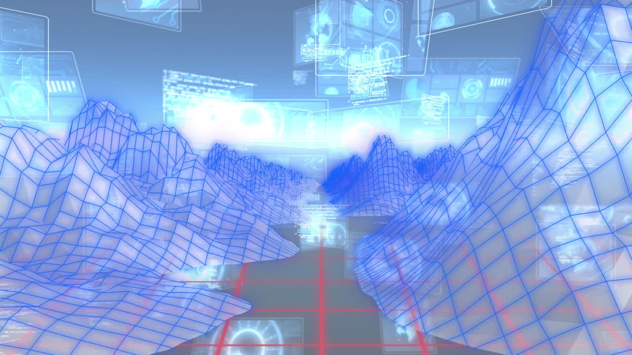 파란색 배경의 데이터 처리와 함께 여러 화면에 대한 3d 산 구조